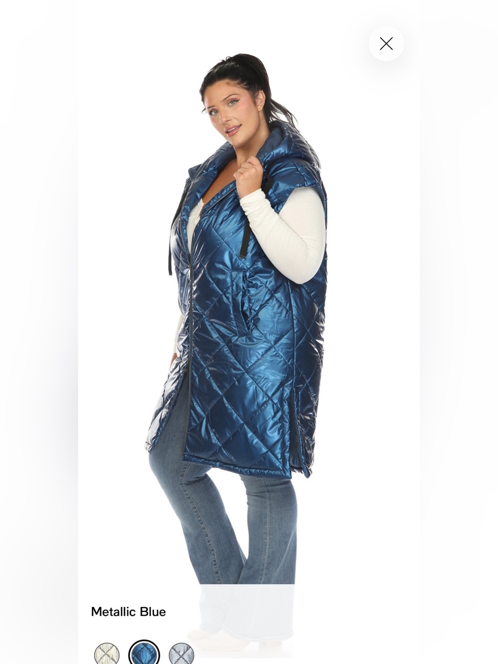 White Mark Metallic Quilted Hooded Long Puffer Vest - Blue - Picture 3 of 3